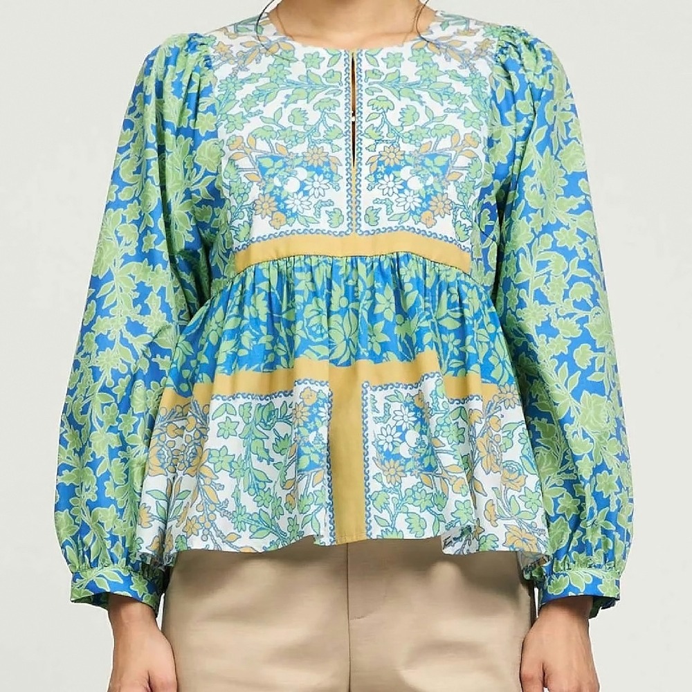 CURRENT AIR Aqua Boho Floral Patchwork Peplum Bishop Sleeve Top Blouse Small NWT